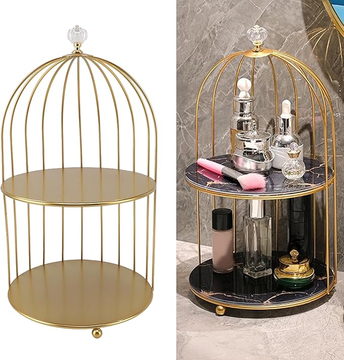 Bird Cage Cosmetic Organizer,Cosmetic Rack Bird Cage Desktop Makeup Organizer Rack, Space Saving Iron Unique Makeup Display Rack for Home Bathroom, Gold (Double Layers)