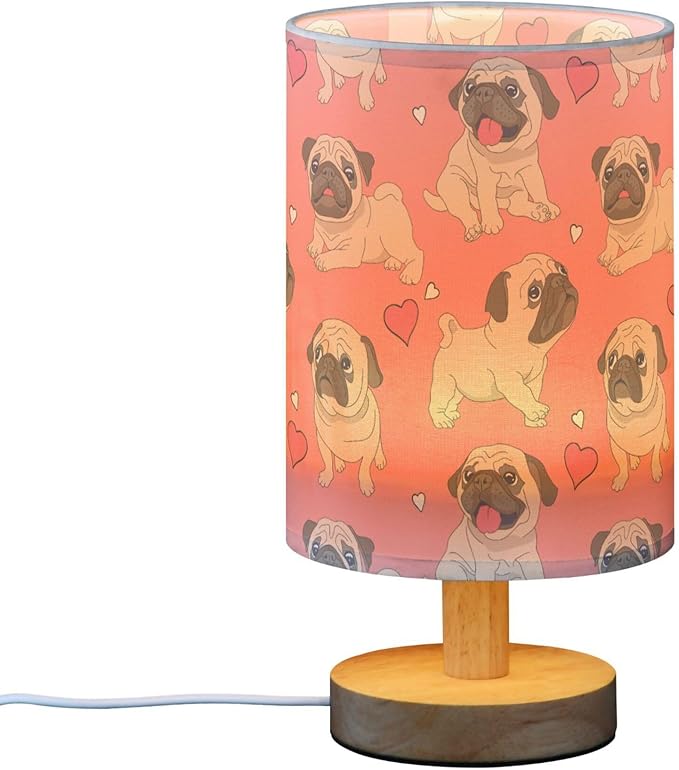 Table Lamp Pugs Puppy Heart on Pink Nightstand Lamp with Wood Base Fabric Lamp Shade Bedside Desk Lamp for Living Room Bedroom Kids Room Office