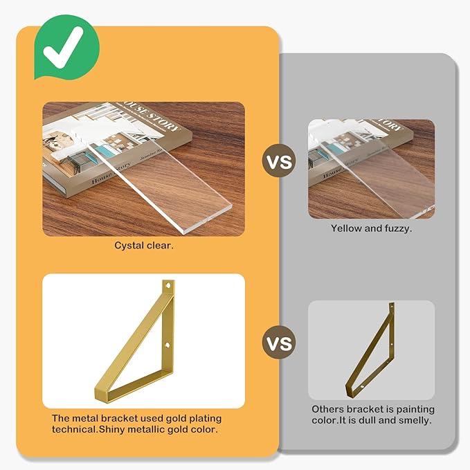 Clear Shelves, Gold Floating Shelves Wall Mounted Set of 3, 8mm Transparent Acrylic, Invisible Wall Shelves for Bedroom, Living Room, Bathroom, Kitchen, Office Display Decor (15in)