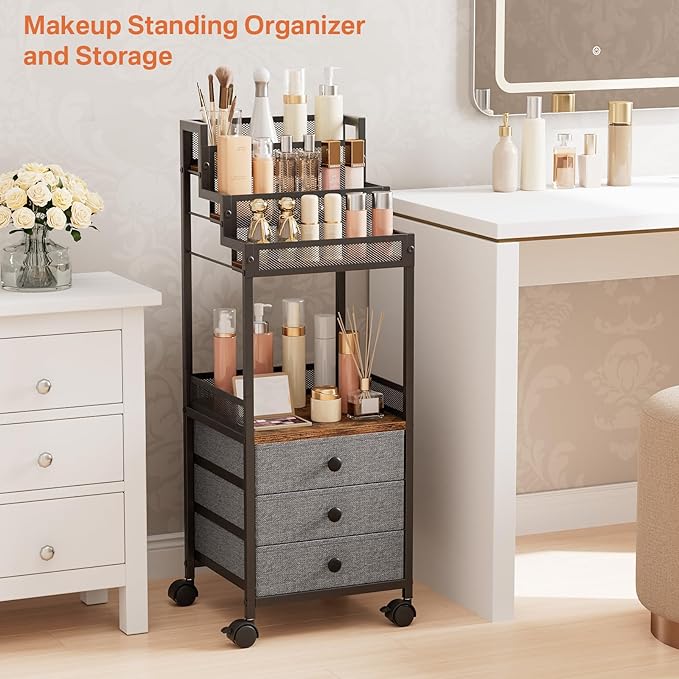Display Riser Stand Perfume Cologne Organizer, Rolling Makeup Storage Cart with Fabric Drawers, Floor Vanity Cosmetics Display Cases for Skin Care Nail Polish Figures Rustic Brown Ladder Stand