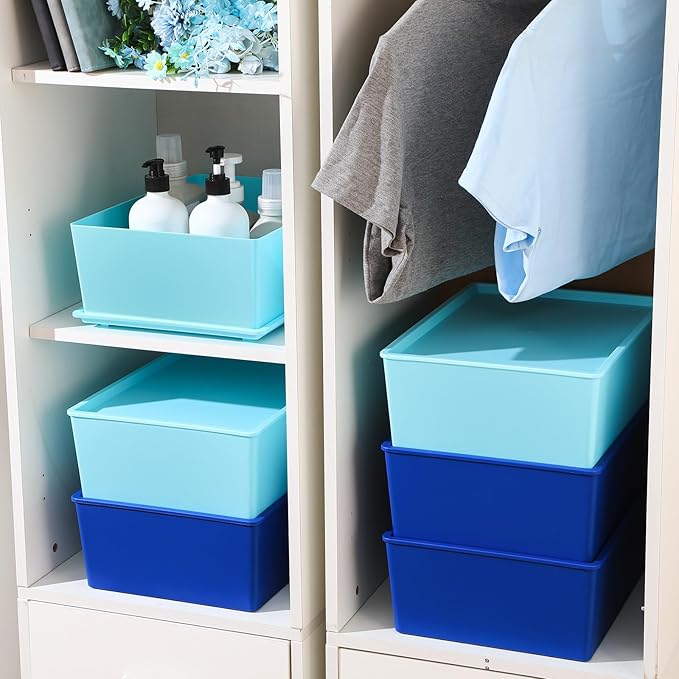 Menkxi 6 Pcs Large Plastic Storage Bins with Lids 14.4 x 10.4 x 5.1 Inch Stackable Storage Containers Decorative Cubby Organizer for Clothes Shelves Garage Closet Office (Blue Series)