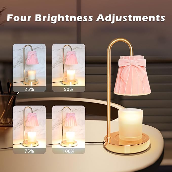 Crystal Club Candle Warmer Lamp with Timer, Dimmable Wax Warmer with Adjustable Brightness, Velvet Lampshade & Bow Design, Gifts for Women Men, Candle Light for Modern Home Decor