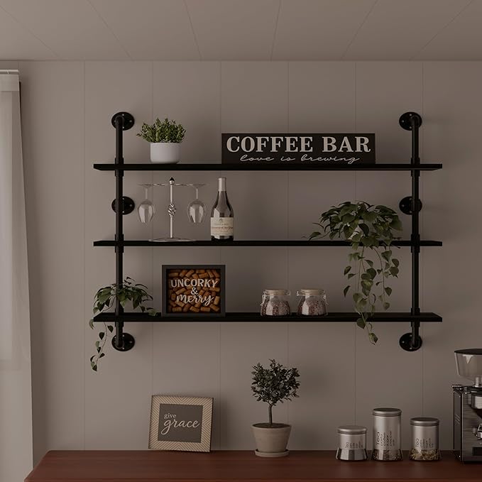 HDDFER Industrial Pipe Shelving Rustic Black Wall Shelves with Wood Planks Industrial Floating Shelves 48 Inch 3 Tier Farmhouse Bookshelf Pipe Shelves Wall Mounted,Open Shelving For living room/office