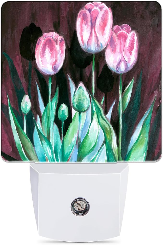 Pink Tulips on Dark Night Light, Dusk to Dawn Smart Sensor Nightlight for Bedroom Bathroom Kitchen Hallway Stairs Hallway, Plug-in, Energy Efficient Decor Desk Lamp Gifts