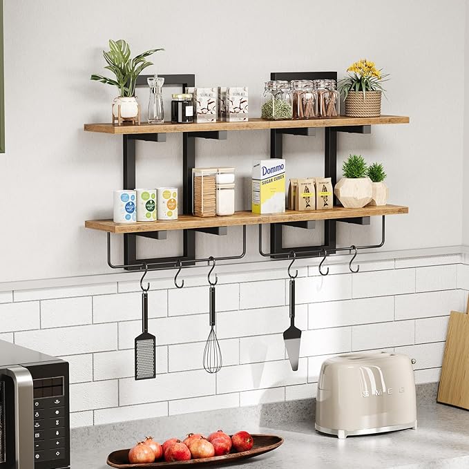 Creso hom Floating Shelves for Wall Set of 2, Wood Wall Shelf with 6 Hooks, 2 Tier Hanging Decorative Storage Shelves for Living Room Bedroom Bathroom Kitchen Office Coffee Bar, Rustic Brown