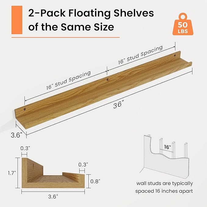 RICHFOCUS Picture Ledge Shelf, 36 inch Floating Shelves Set of 2, Wood Wall Shelves with Lip, Wall Decor Storage for Bedroom Living Room Bathroom Kitchen Nursery Photo Picture, Oak