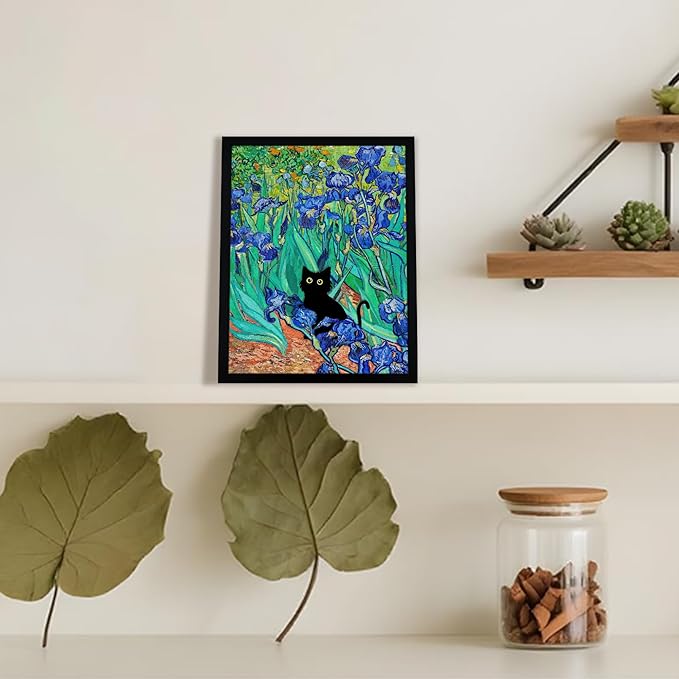 Fantasy Artists Van Gogh Irises Cat Wall Art, Framed Vintage Garden Canvas Wall Decor, Funny Black Cat Poster Prints, Paintings,Bathroom,bedroom,Living Room Artwork Decorations 8" Wide X 10" Height