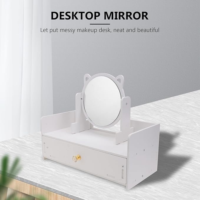 ARTIBETTER Desktop Makeup Mirror with Storage Drawer, Large Portable Cosmetic Organizer Box, Round Mirror with Single Drawer, Home Dressing Table Makeup Storage Solution