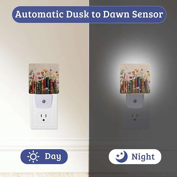 Vintage Bookshelf Night Light, Dusk to Dawn Nightlight with Auto Sensor Lamp Home Indoor Stairway Kitchen Corridor, Night Lights Plug Into Wall Decorative for Boys Girls Women Men Room Gifts