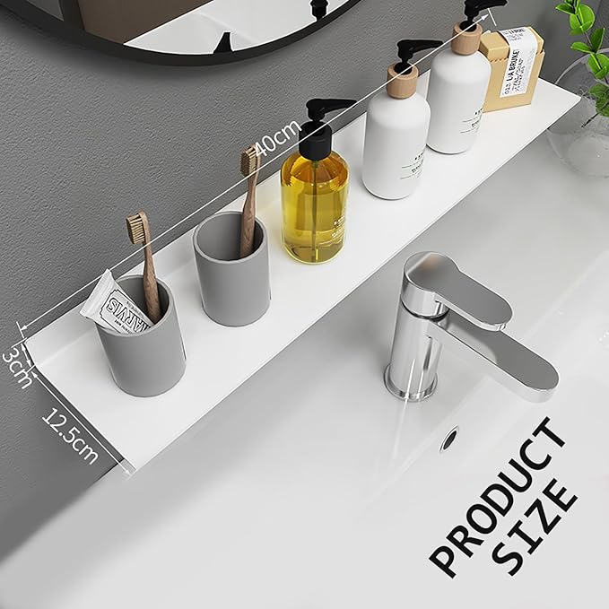 Chrasy Floating Wall Shelf Adhesive Wall Mounted Bathroom Vanity Organizer Alumium Metrial Shelf for Home Decor/Kitchen/Bathroom Storage 40cm/ 15.7Inches, Non-Drilling (White)