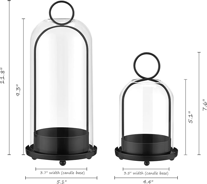 Hurricane Metal & Glass Candle Holder Black Set of 2, Decorative Candlestick Pillar Candle Holder with Clear Glass for Wedding Party Christmas Holiday Dining Table Centerpiece Lanter