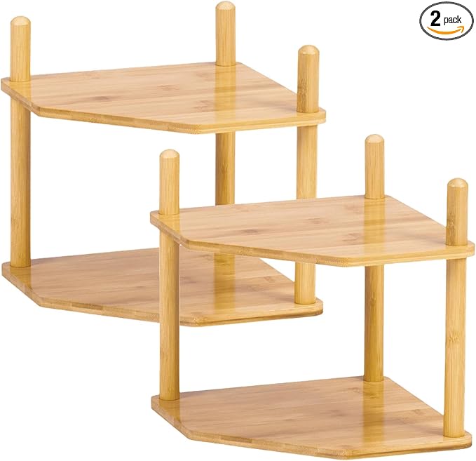 2Pcs 2-Tier Expandable Bamboo Corner Shelf - Dish/Plate Organizer for Cabinet, Kitchen Counter Shelf & Small Kitchen Shelf, Adjustable