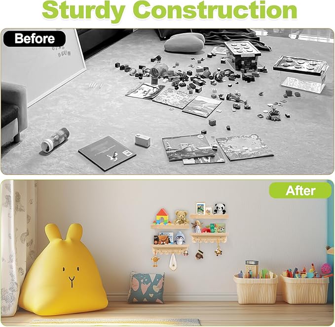 Floating Nursery Book Shelves for Wall, 16'' Wood Book Shelf for Baby Boys Girls Bedroom Bathroom and Décor Storage, Wall Shelf for Books, Plants, Toys, Photo Frames (Wooden, 4 Pack)