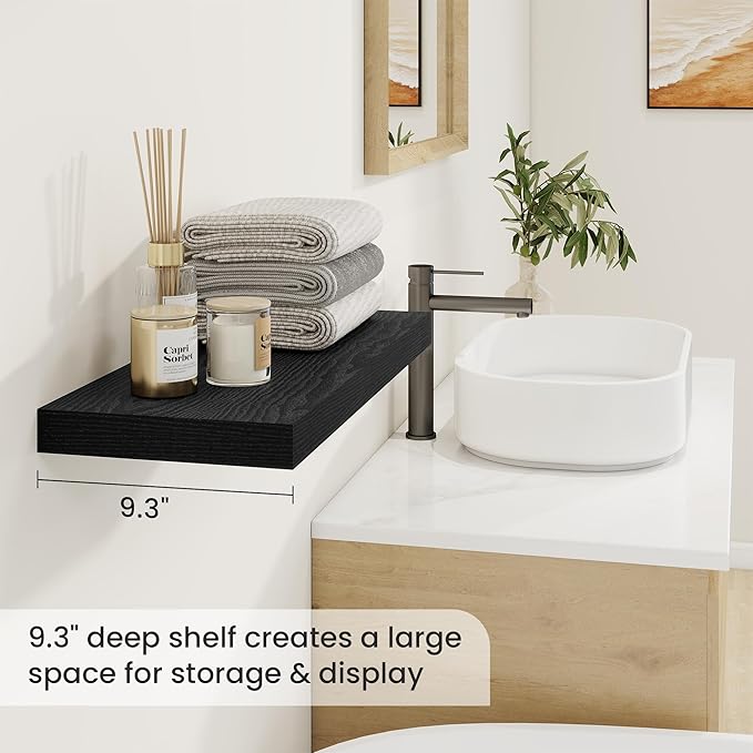 Fun Memories 24 Inch Floating Shelves, 9.3 Inch Deep Rustic Wall Shelves - Extra Deeper Wall Mounted Storage Shelves for Bathroom, Kitchen, Living Room (Black, Set of 2)