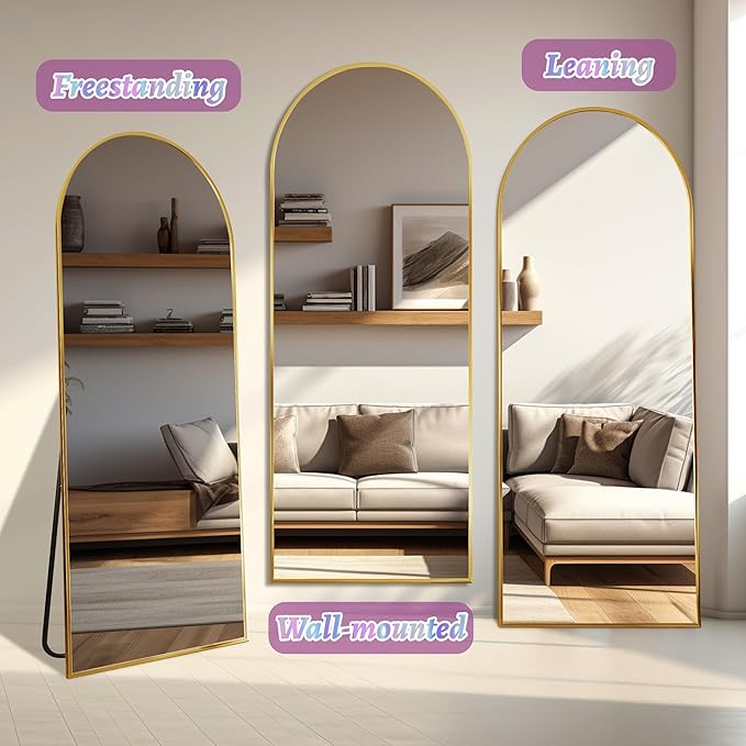 Full Length Mirror, 58"x21" Arched Floor Mirror Freestanding, Floor Standing Full Body Mirror with Stand for Bedroom, Hanging Mounted for Living Room Cloakroom, Gold