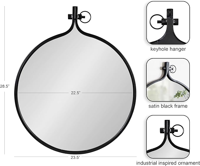 Kate and Laurel Yitro Round Industrial Modern Metal Framed Wall Mirror, 23.5x28.5, Black