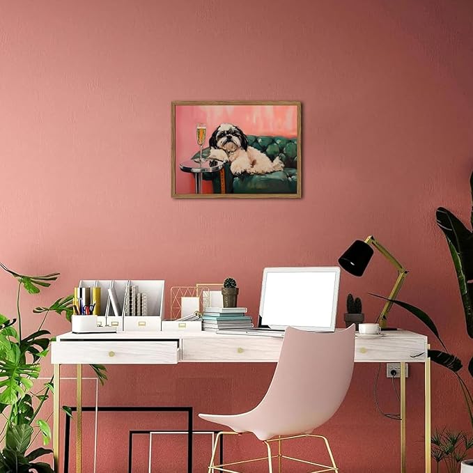 Funny Dog Wall Art, Cute Animal On Couch Bar Cart Pictures Wall Decor Paintings, Eclectic Dog with Cocktail Canvas Prints, for Living Room Dining Room Bedroom 16x24 inch Wood Framed