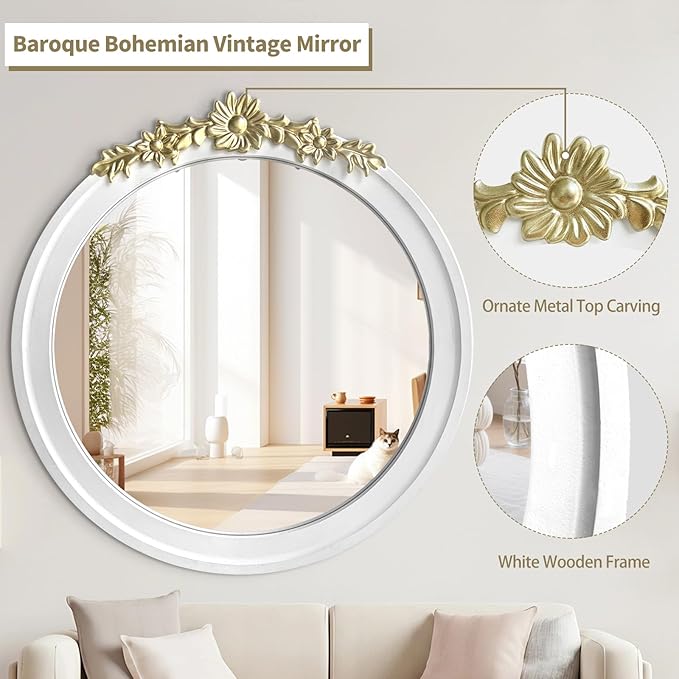 White Round Wood Mirror 28 Inch, Large Rustic Boho Coastal Wall Decor with White Wood Frame and Gold Metal Carved Accents, Farmhouse Decorative Mirror for Entryway, Bedroom, Living Room, Bathroom