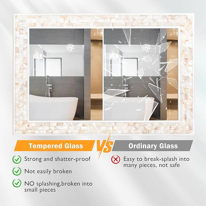 Tanmicoshomy 20x 28 Inch Rectangle Wall Mirror, Natural Shell Framed Rectangular Mirror for Bathroom, Vanity, Bedroom, Living Room, Entryway, Wall Mounted Horizontal or Vertical, White