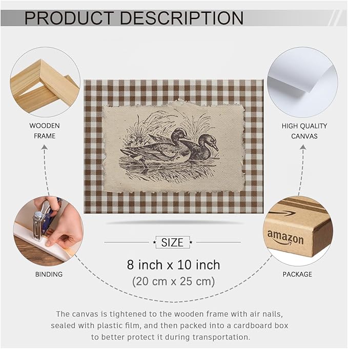 Nature Duck Animal Poster Vintage Brown Gingham Canvas Wall Art Rustic Cottagecore Pond Prints for Country Farmhouse Wall Decor 08x10 inch Wood Framed