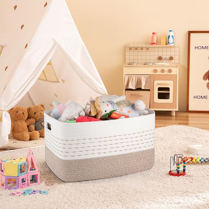 OIAHOM 75L Extra Large Blanket Basket, 22”x17”x15” Rectangle Woven Cotton Rope Baskets for for Living Room, Toy Storage with Handle- Gradient Light Brown