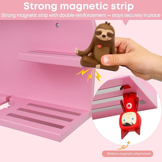 For Tonies Figures Shelf Magnetic,for Tonie box Wall Shelves,for Tonies Characters Organizer,Audio Toy Storage (Holds 45 Figurine),Compatible Charging Station for Kid's Room,Pine,Arch,Large,(Pink)