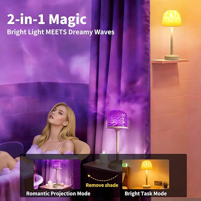 Rechargeable Waterproof Spa-Like Shower Lamp with 16 RGB Colors & Ocean Wave Projector, Dimmable Cordless Light with Touch & Remote Control, 2‑in‑1 Bathroom Lamp for Shower, Bathtub, Indoor & Outdoor