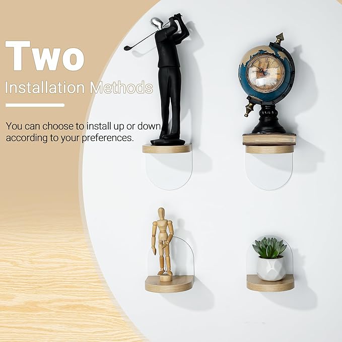 SAYAYO Small Floating Shelves for Wall Storage, 4 x 4 Inch Adhesive Wall Shelves for Bedroom Decor, Mini Display Wood Shelf Organizer with White Base for Living Room, Office, Balcony, 4 Pcs