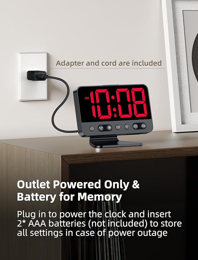 Odokee Digital Alarm Clocks for Bedrooms: Large Bold Number 5 Brightness Dimmer - Easy to Read Across The Room - 5 Alarm Sound 8 Night Light - Red