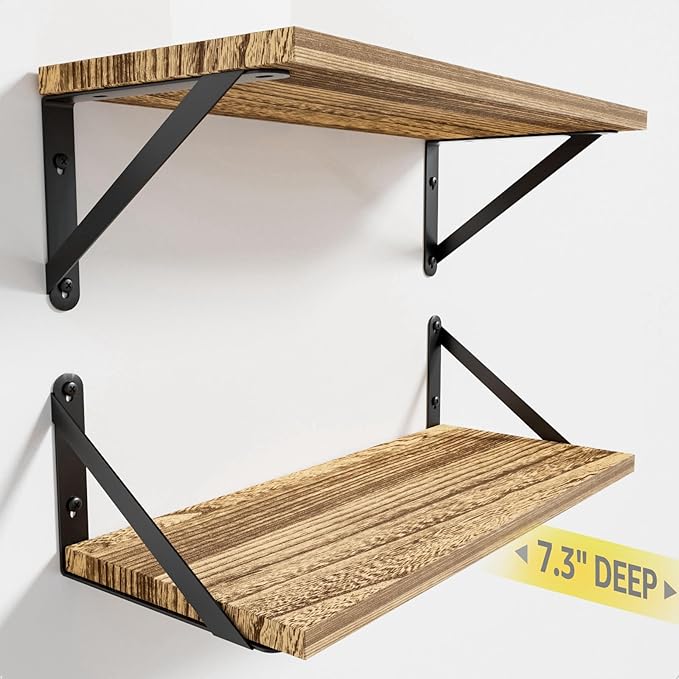 COCOYA Wall Shelves 7.3" Deep Set of 2, Solid Paulownia Wood Wider Longer Sturdy Easy to Install Wall Mounted Bookshelves Storage Shelves Bathroom Home Office Laundry Room Bedroom Organizer