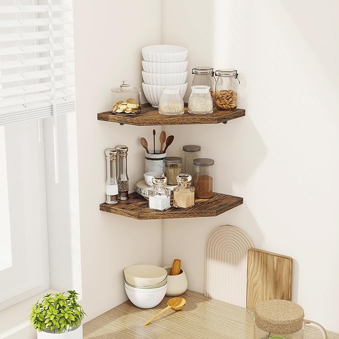 Corner Shelves 2-Pack for Bathroom & Kitchen, Space-Saving Floating Corner Wall Shelf with Easy Installation- Brown