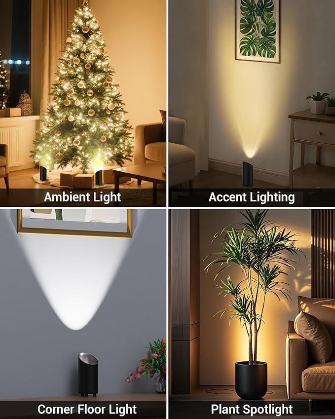 Abovizo 4 Pack Uplighting Indoor, LED Floor Can Lights with Remote and Timer, 3 Color Temps Dimmable Spotlight for Corner Sofa Plant Home Accent Lighting, 5.9 FT Plug Cord & Foot Switch, Black