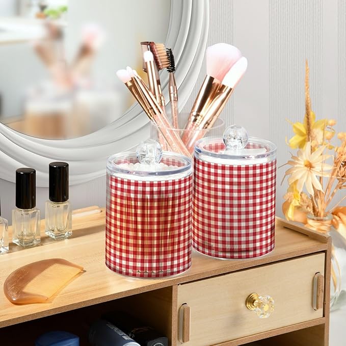 Red White Gingham 14oz Storage Jars with Lids, Clear Plastic Airtight Kitchen Food Canisters for Candy, Salt, Coffee Beans, 2 Pack