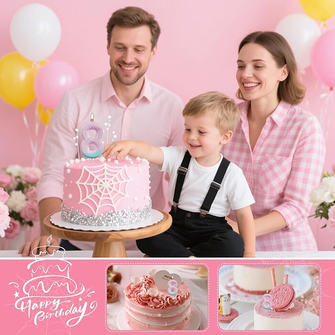 Pink Spider Birthday Number Candles – Multi-Color Decorative Cake Toppers for Kids Party & Celebration(Pink, 8)