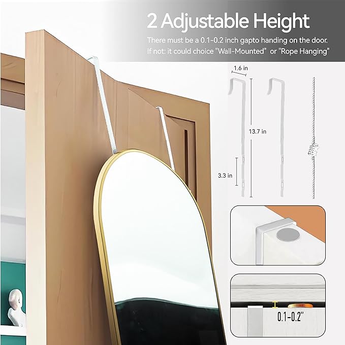 SCWF-GZ 57x20 Door Hanging Full Length Mirror, Floor (Height 5.7ft just Body in1.3ft) or Wall Mounted Metal Frame Arch Dressing Mirrors for Bedroom Bathroom Living Room 57 20 inch Gold