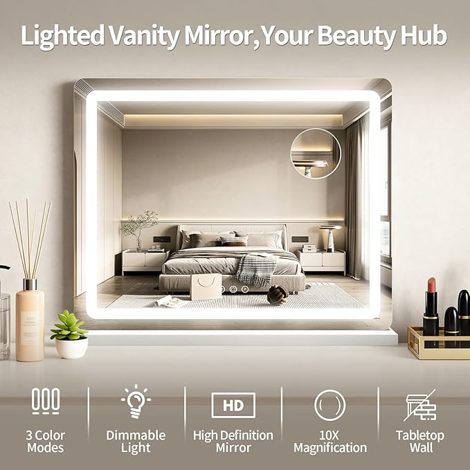 ROLOVE 23"x 18" Large Vanity Mirror with Lights, LED Makeup Mirror for Dresser and Desk, 10X Magnification, Dimmable Touch Control, Wall Mounted or Tabletop Mirror for Bedroom (White)