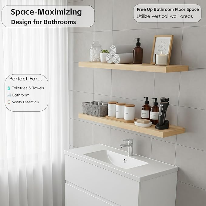 Lufia Floating Wall Shelves, Set of 2, MDF with Invisible Brackets, Modern Storage for Bedroom, Bathroom, Living Room, Kitchen (Oak, 28" W x 7" D x 1.5" H)