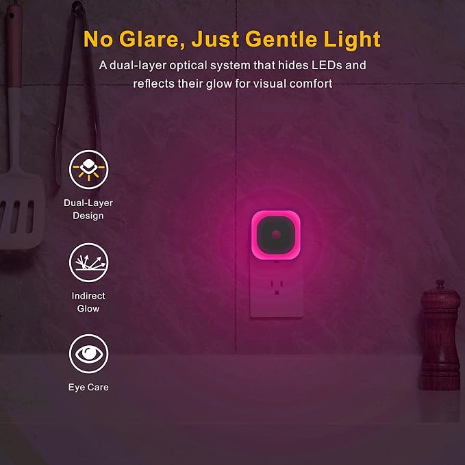 YUNLEX 2 Pack Plug in Night Light with Motion Sensor & Dusk to Dawn Sensor, Soft Pink Glow for Bedroom, Hallway, Girls Room, 3 Sensor Modes, Auto ON/Off, Dimmable Nightlight for Bathroom