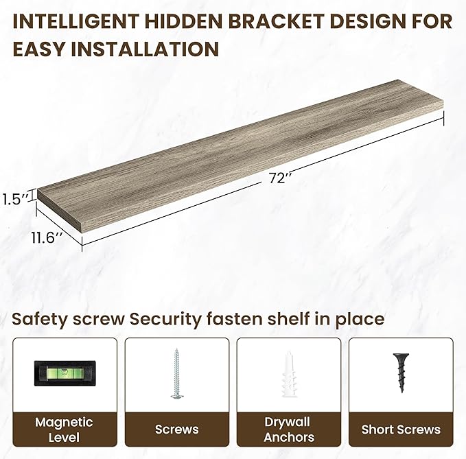 Acovy 72 inch Floating Shelves for Wall, 12 Inch Deep Floating Shelf, Hanging Shelf with Invisible Brackets, Rustic Wooden Wall Shelves for Bathroom, Bedroom, Living Room,Farmhouse Set of 1,Grey