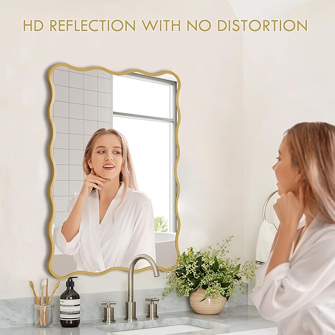 Gold Wavy Bathroom Mirror 20x30 Rectangle Scalloped Farmhous Mirror Modern Wood Farme Mirror Wall Decor for Bathroom Entryway Living Room Bedroom Hallway