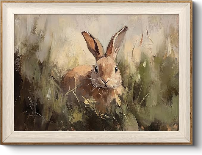 VIYYIEA Framed Wall Art for Living Room, Rabbit Canvas Prints Vintage Home Decor, Animals Painting Picture Bathroom Wall Decor, Easter Gifts for Friends or Family -【Silly Bunny】-(16L x 12W)