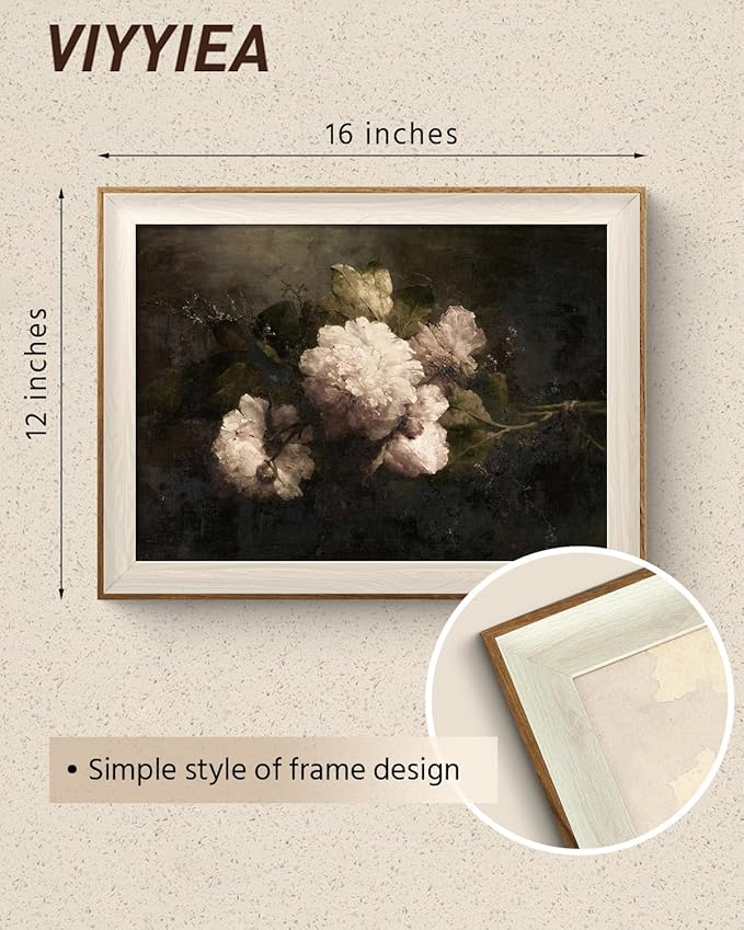 VIYYIEA Framed Wall Art for Living Room, Natural Canvas Prints, Vintage Home Decor, Flowers Painting Picture, Bathroom Wall Decor Gifts for Friends or Family -【Peonies】-(16L x 12W)