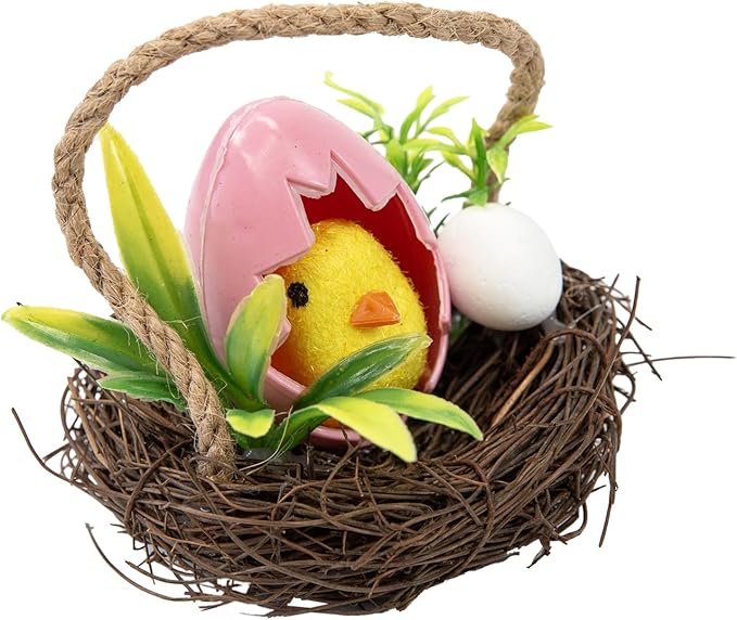 Berfutall-Easter Bunny Basket Decoration with Flowers, Woven Jute Basket with Handle, Spring Decor with Pastel Eggs(3D)