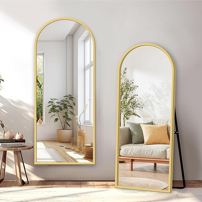 GlasFlength Full Length Mirror with Stand - 56" x 19" Arched Aluminum Alloy Frame Full Body Mirror, Standing Hanging or Leaning Wall Floor Mirror for Bedroom Living Room Entryway, Gold