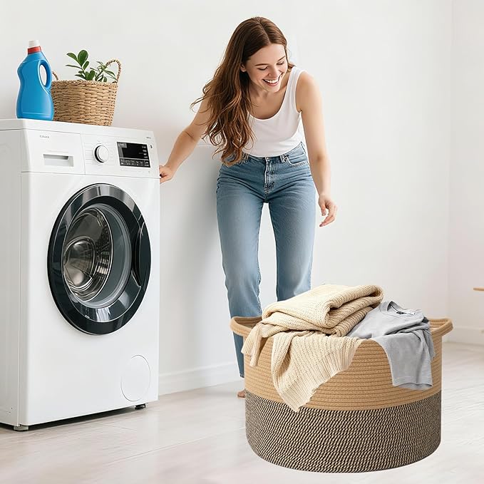 65L Large Blanket Basket,19.7" L x 19.7" W x 13" H Rope Woven Baskets with Handles, Toys Storage Bins,Laundry Basket Perfect for Living Room, Nursery,Bedroom,Home Organization,Jute&Black