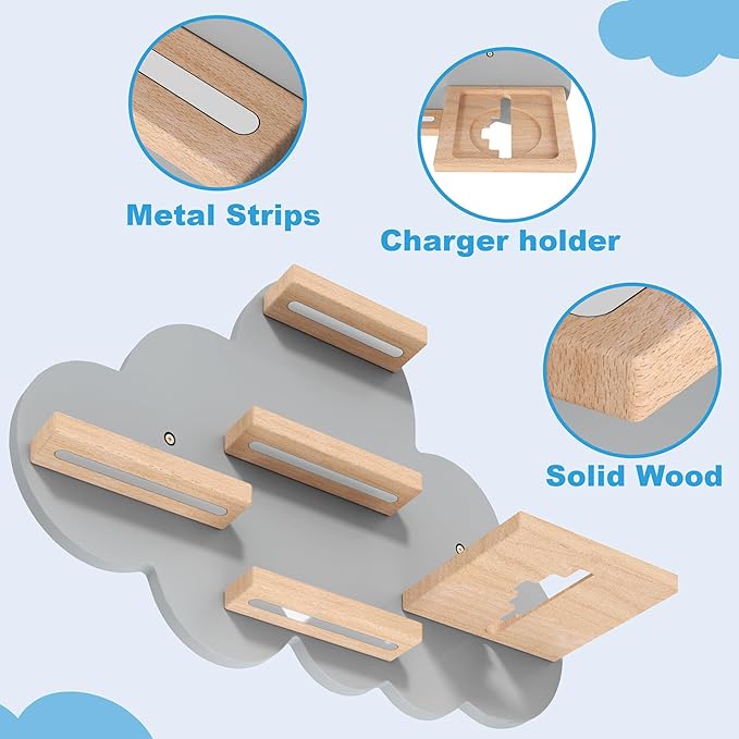 Grey Cloud Tonie Shelf Wall Mounted, Magnetic Floating Shelves for Toniebox, Tonies Characters, Wooden Tonie Storage Shelf for Kids Room