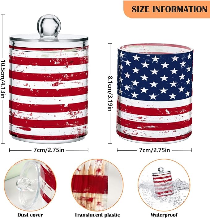 Nander 2Pack Retro American Flag Qtip Holder Dispenser -Clear Plastic Apothecary Jars Set - Restroom Bathroom Makeup Organizers Containers for Cotton Swab, Ball, Pads, Floss
