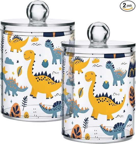 2 Pack Qtip Holder Dispenser for Cotton Ball Dino Childish Dinosaur Doodle Swab Cotton Round Pads Clear Plastic Acrylic Jar Set Bathroom Canister
