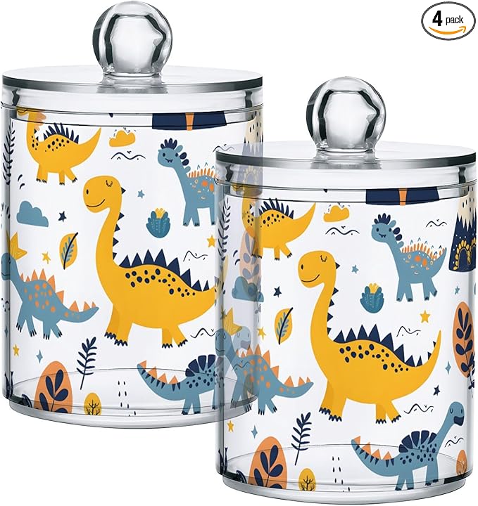 4 Pack Qtip Holder Dispenser Dino Childish Dinosaur Doodle Cotton Ball Cotton Swab Round Pads Floss Clear Bathroom Storage Containers Plastic Apothecary Jars with Lids