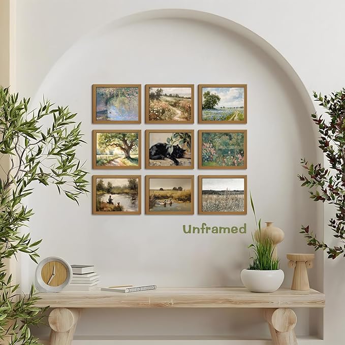 SEHSUVC Vintage Country Classic Oil Wall Art Set of 9, Flowers Tree Farmhouse Style Canvas Posters Wall Decor, Cute Sleeping Cat Nature Plant Prints for Bedroom Bathroom Home Decor Gifts 8x10inch Unframed